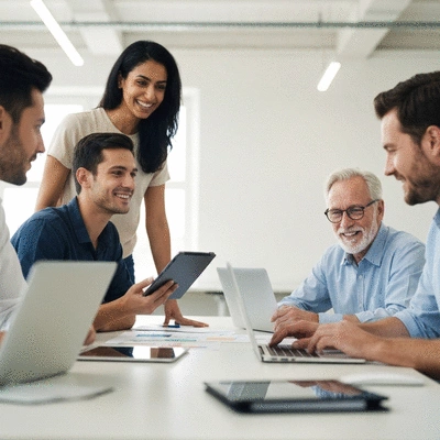 Web development team collaborating on a project in a modern office, no text, no words, no typography, clean image