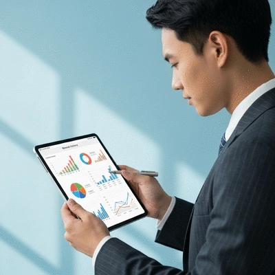 Modern office worker reviewing branding strategy documents on a tablet, with charts and graphs, clean background, no text, no words, no typography, 8K