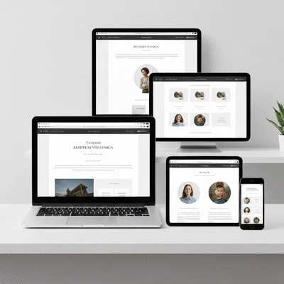 Web design mockups displayed on multiple devices, showing responsive design, no text, no words, no typography, clean image