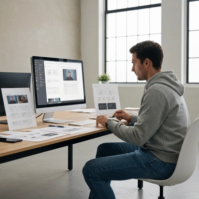 Web designer collaborating with AI on a laptop