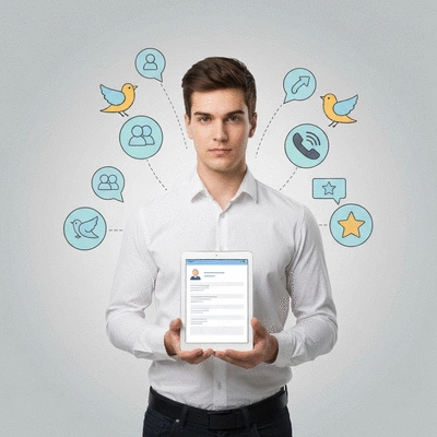 A person holding a tablet with a survey form, surrounded by icons representing various feedback collection methods like social media, phone calls, and review platforms, no text, no words, no typography, clean image