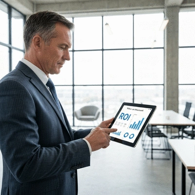 Business professional in a modern office looking at data visualizations on a tablet, demonstrating ROI. no text, no words, no typography, no labels, clean image