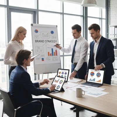 Professional team collaborating on a brand strategy using a whiteboard and digital tablets, modern office environment, no text, no words, no typography, clean image
