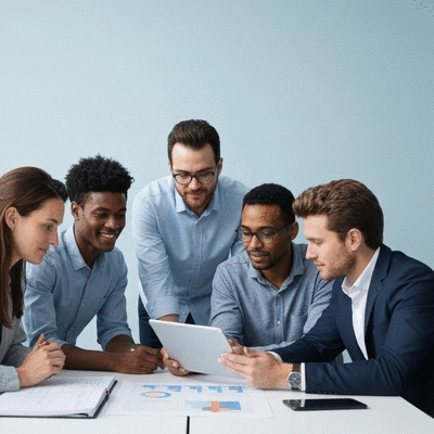 Diverse team collaborating on a branding project, with graphs and creative elements on a large screen, symbolizing teamwork and innovation