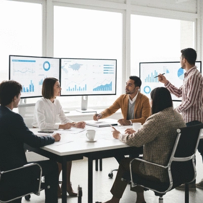 Modern workspace with data analysis charts on screens, creative team brainstorming, no text, no words, no typography, clean image