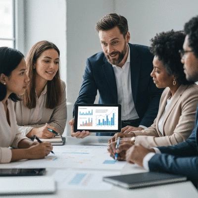 Diverse group of business professionals collaborating around a table, one pointing at a tablet displaying positive feedback, representing the impact of client testimonials on brand growth, no text, no words, no typography, clean image