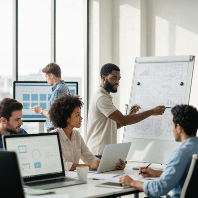 Modern office setting with diverse team collaborating on a hybrid branding strategy using digital tools and whiteboard, no text, no words, no typography, 8K