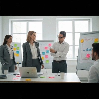 Professional looking business team collaborating on brand strategy, using whiteboards and sticky notes in a modern office, no text, no words, no typography, 8K, clean image
