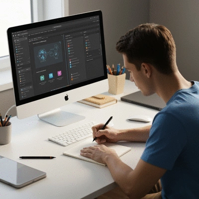 AI-powered design tools on a screen, with a designer working creatively beside it