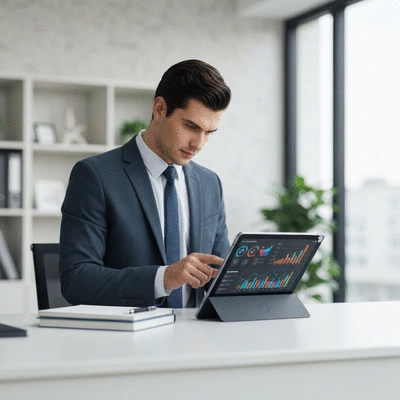 Professional looking at data visualizations on a tablet, representing AI-driven insights, clean modern office background, no text, no words, no typography, 8K