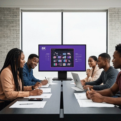 Modern office setting with a diverse team brainstorming around a table, a digital screen displays brand identity elements generated by AI, showcasing collaboration between human creativity and AI efficiency, no text, no words, no typography, 8K