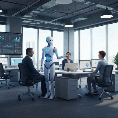 AI and human collaboration in a modern office environment, with data visualizations on screens