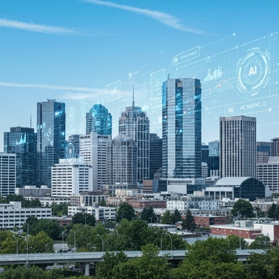 Richmond, BC skyline with a digital overlay showing data and AI concepts