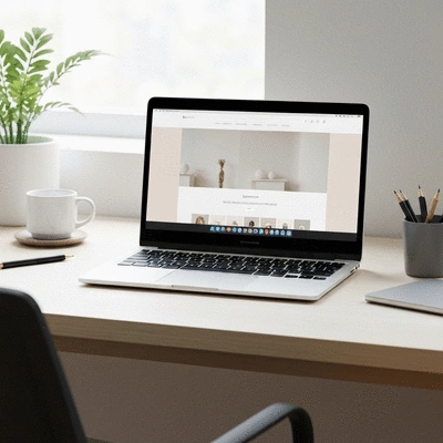 Modern workspace with laptop displaying a custom website design, illustrating unique brand identity