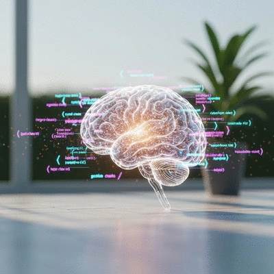 Abstract concept of AI assisting web development with a glowing brain and code snippets
