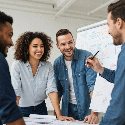 Diverse group of creative professionals collaborating on a branding project, whiteboard with ideas, authentic smiles, no text, no words, no typography, clean image