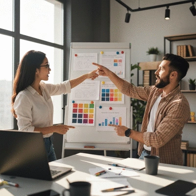 People collaborating on a brand strategy, pointing at a whiteboard with visual identity concepts