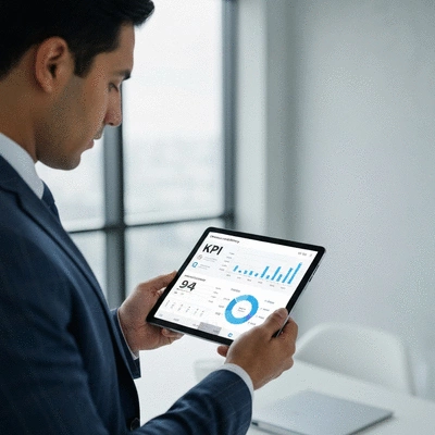 Business professional reviewing KPI dashboard on a tablet, with various charts and metrics, representing measuring effectiveness, no text, no words, no typography, clean image