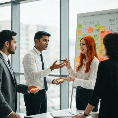 Person conducting a brand discovery session with team members, using sticky notes and whiteboards