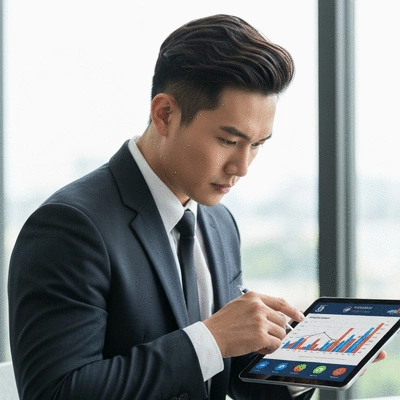 A person looking at a tablet displaying a financial graph and branding elements, symbolizing informed decision-making