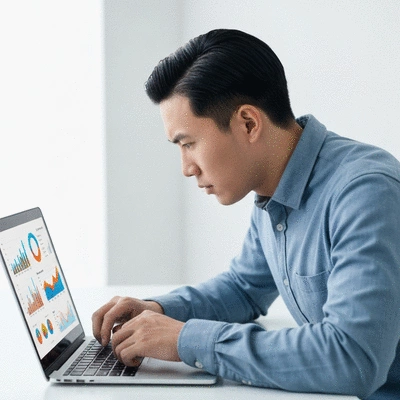 Person analyzing data on a laptop, with charts and graphs visible, representing target audience analysis, no text, no words, no typography, clean image