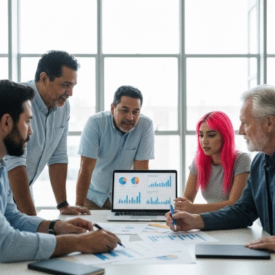 Diverse team collaborating around a table with a laptop and documents, representing a strategic planning session, modern bright office, no text, no words, no typography, 8K