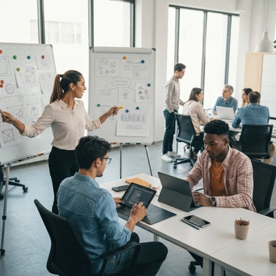 Modern office setting with diverse team collaborating, blending traditional and digital tools