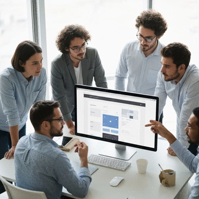 Professional team collaborating on a web design project, clean image