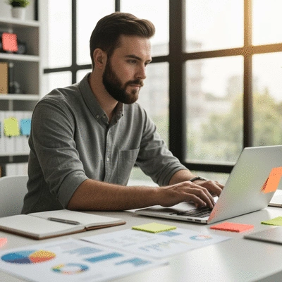 Person using a laptop to plan website development, surrounded by digital tools and charts