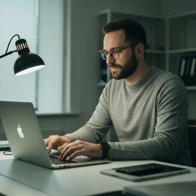 Professional designer coding on a laptop with AI elements