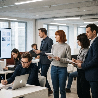 Diverse team collaborating on website design using AI tools, a mix of human creativity and digital interfaces, modern office setting