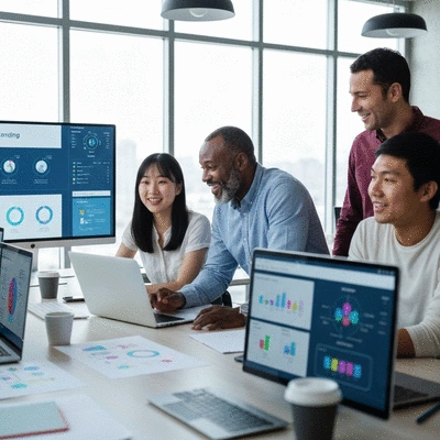 Modern office setting with diverse team collaborating on a branding project using digital tools and AI interfaces