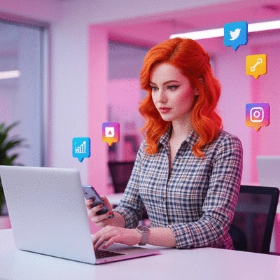 Digital marketing professional using a laptop and phone, surrounded by social media icons, clean office background, no text, no words, no typography, 8K