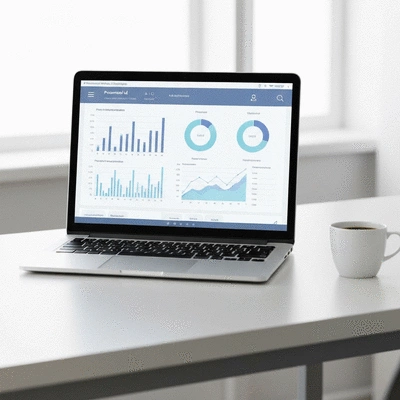 Modern workspace with a laptop displaying personalized AI marketing analytics and a cup of coffee. no text, no words, no typography, no labels, clean image