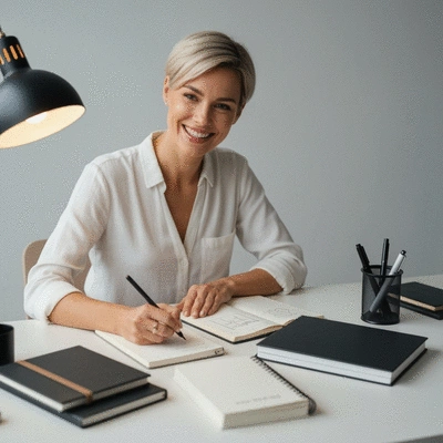 Creative entrepreneur sketching brand ideas in a modern office, showing focus and innovation