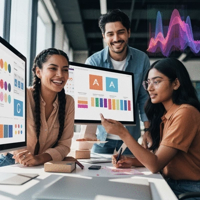 Diverse team collaborating on a branding project, with AI data visualizations in the background