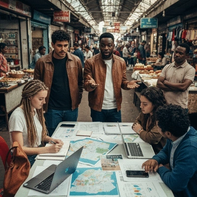 Diverse group of startup team members collaborating on a branding strategy whiteboard, showing creativity and teamwork