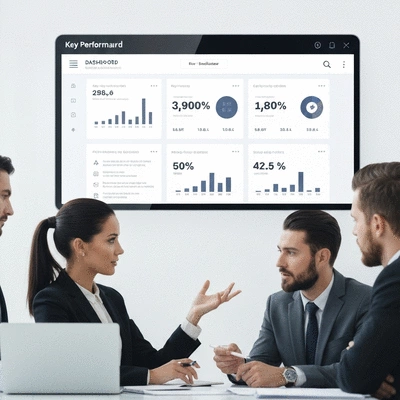 Business professionals discussing data on a dashboard, illustrating performance metrics and strategy adjustments, no text, no words, no typography, 8K, clean image