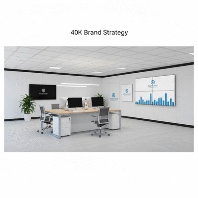 Modern office space with branding elements on walls and screens, representing brand strategy and identity working in harmony