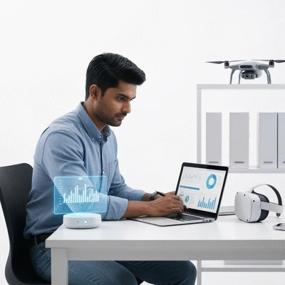 Digital marketing professional analyzing data on a laptop, surrounded by modern tech devices, bright and clean workspace, no text, no words, no typography, clean image